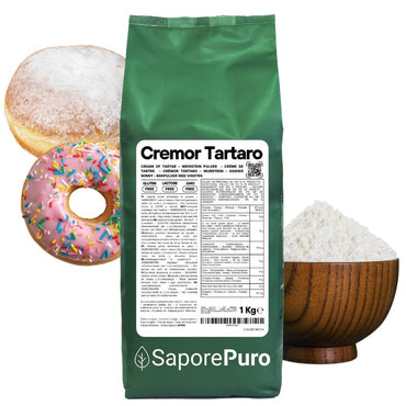 Lievito in polvere Cremor Tartaro E336i di SaporePuro, agente lievitante e stabilizzante, in confezione da cucina.