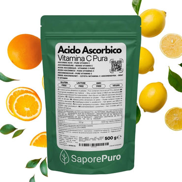 Vitamina C pura SaporePuro in confezione, acido ascorbico essenziale per ricette e integratori, prodotto italiano.