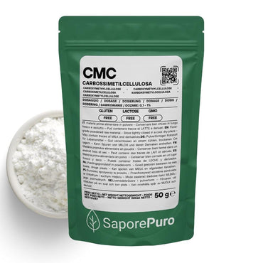 Polvere di carbossimetilcellulosa (CMC) SaporePuro, addensante alimentare E466, in confezione da immagini.