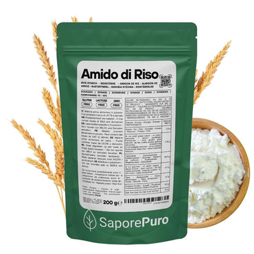 Amido di riso SaporePuro, amido nativo 100% di origine Italia, in confezione bianca, ideale per cucina e dolci tradizionali.