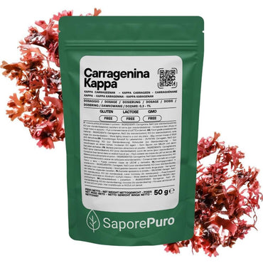 Carragenina Kappa (E407) di SaporePuro, confezionata in Italia, mostra i grani di carragenina in confezione sigillata.