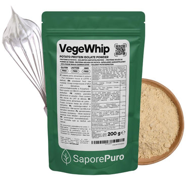 Proteine isolate di patata vegane VegeWhip di SaporePuro, proteine vegetali per dessert e ricette vegane, immagine del prodotto.