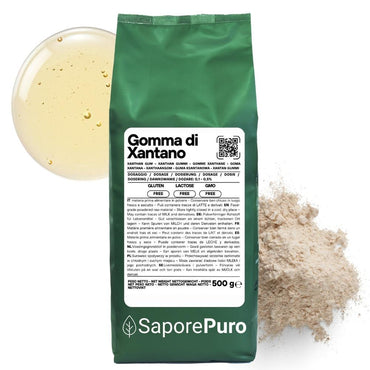 Gomma di xantano SaporePuro E415 in confezione, ingrediente naturale utilizzato in cucina e pasticceria italiana.