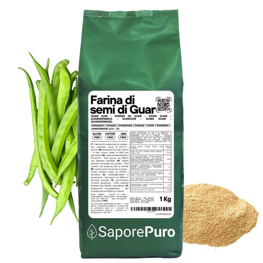 Farina di semi di guar SaporePuro, ingrediente naturale dall'India, confezionata in Italia, ideale per cucina e prodotti da forno.