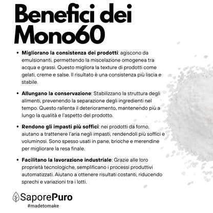 Mono60 - Emulsionante E471 – Additivo Alimentare – SaporePuro – Prodotto in Europa – Alta Qualità per Gelati, Pasticceria, Panificazione - SaporePuro