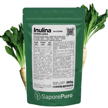 Polvere di inulina a catena lunga di SaporePuro, pure, di origine europea, visibile nel contenitore con etichetta bianca.