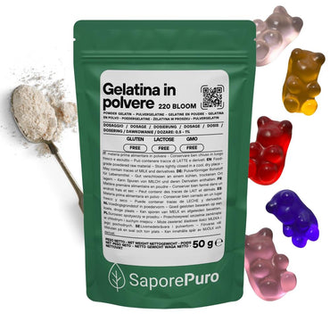 Gelatina istantanea SaporePuro, 200-220 bloom, ingrediente per cucina e forno, polvere trasparente in confezione.