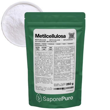 Metilcellulosa alimentare SaporePuro in polvere, addensante e gelificante, mostrata in confezione con etichetta.