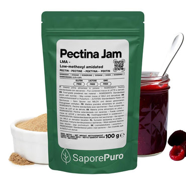 Gelatina SaporePuro con pectina jam e E440ii, marmellate e gelatine perfette, immagine della confezione con etichetta e prodotto.