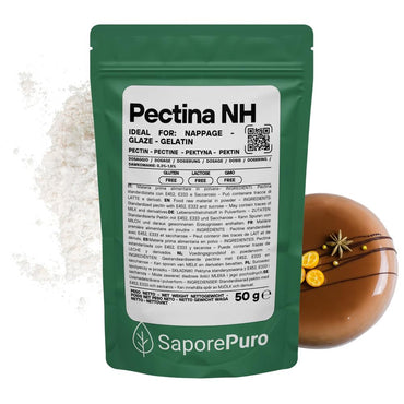 Pectina NH SaporePuro, ideale per nappage, gelatine e glasse, mostra la confezione e gli ingredienti naturali.