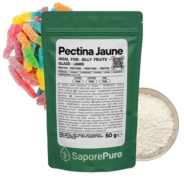 Pectina gialla SaporePuro, gelatina di frutta per marmellate e gel spessi, in confezione con etichetta gialla e dettagli di frutta