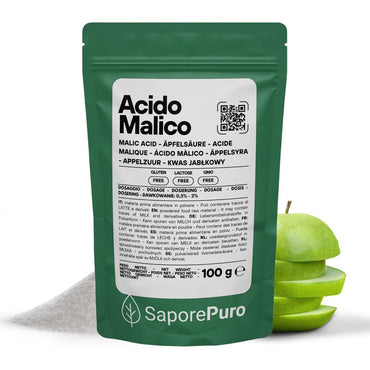 Acido Malico Premium di SaporePuro, acidificante professionale per mixology ed enologia, in confezione da laboratorio, made in Italy.