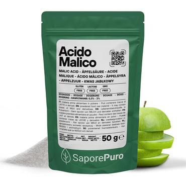 Acido Malico Premium SaporePuro, acidificante professionale per mixology ed enologia, in confezione da 100g, made in Italy.
