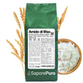 Amido di riso SaporePuro, amido nativo 100% di origine Italia, in confezione con chicchi di riso e etichetta frontale