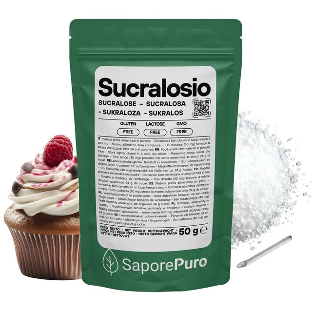 Sucralosio in polvere SaporePuro, dolcificante senza calorie, ideale per dolci e bevande, senza glutine e naturale.
