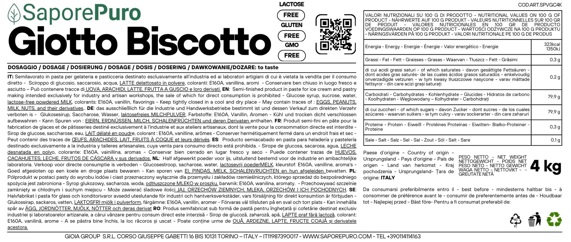 Etichetta del biscotto Giotto Biscotto SaporePuro, pasta per gelato della GelatoStore, 4 kg con dettagli sul packaging.