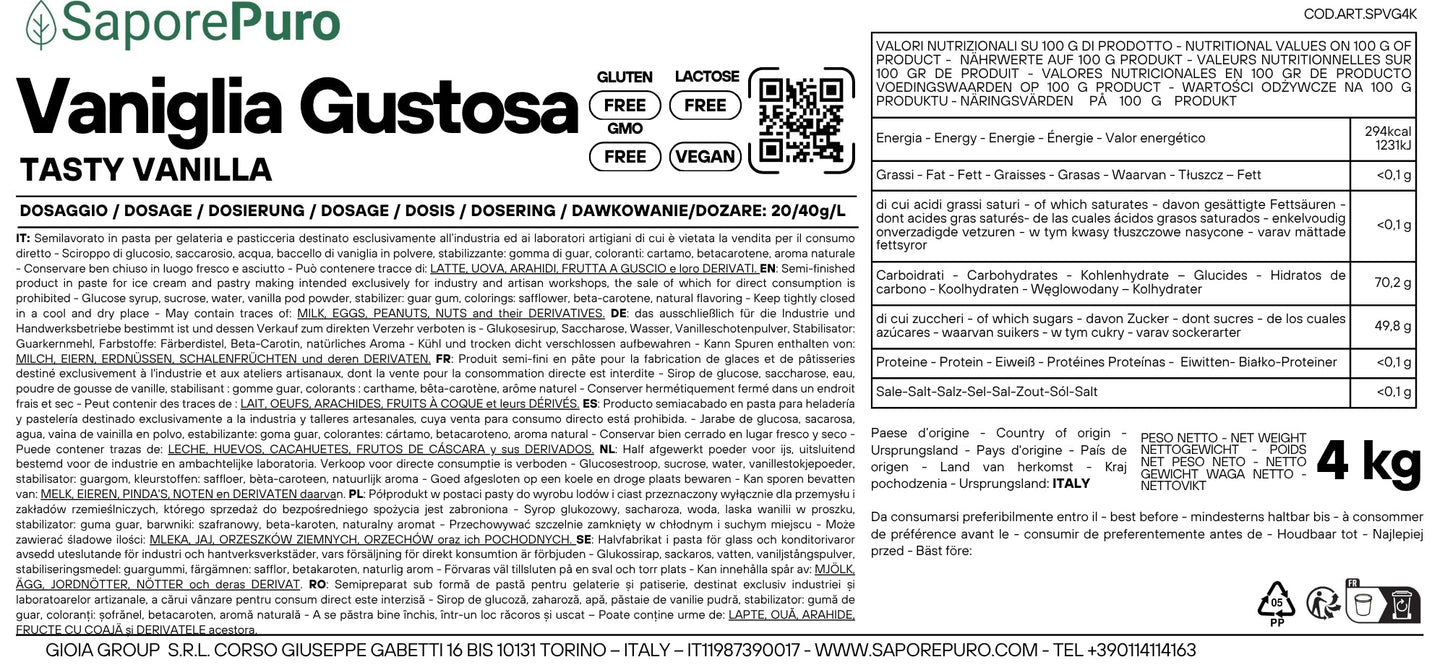 Etichetta della pasta di vaniglia Gustosa SaporePuro da 4kg per gelato, marca GelatoStore, in confezione gigante