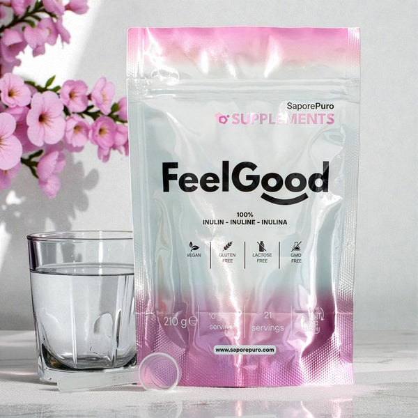 Inulina FeelGood di SaporePuro, integratore alimentare di fibre, mostra la confezione con etichetta e dettagli sul prodotto