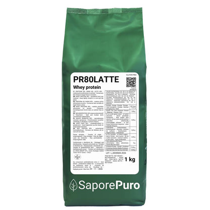 SaporePuro WPC80 whey protein isolate 1kg, front view, ideal for cooking and baking, white powder in a clear container