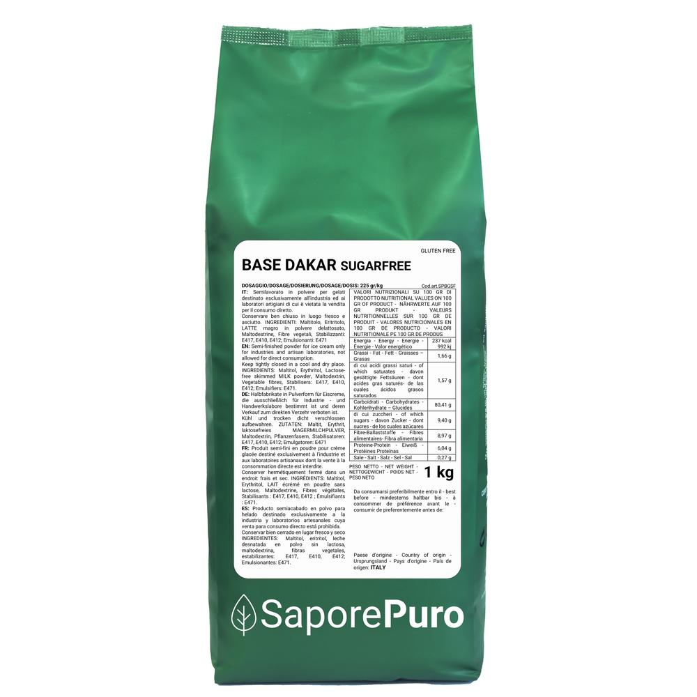 Base Dakar SaporePuro neutra per gelato senza zucchero, 1kg, a basso indice glicemico e senza saccarosio.