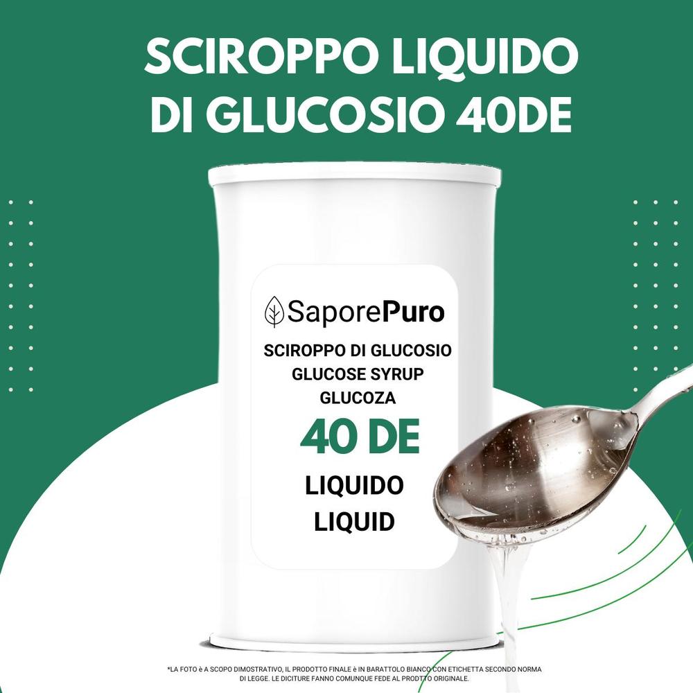 Sciroppo di glucosio liquido 40DE di SaporePuro, ingrediente per gelati e pasticceria, liquido trasparente e viscoso.