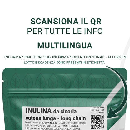 Inulina a catena lunga in polvere pura di SaporePuro, 150g, con imballaggio e confezione visibile.
