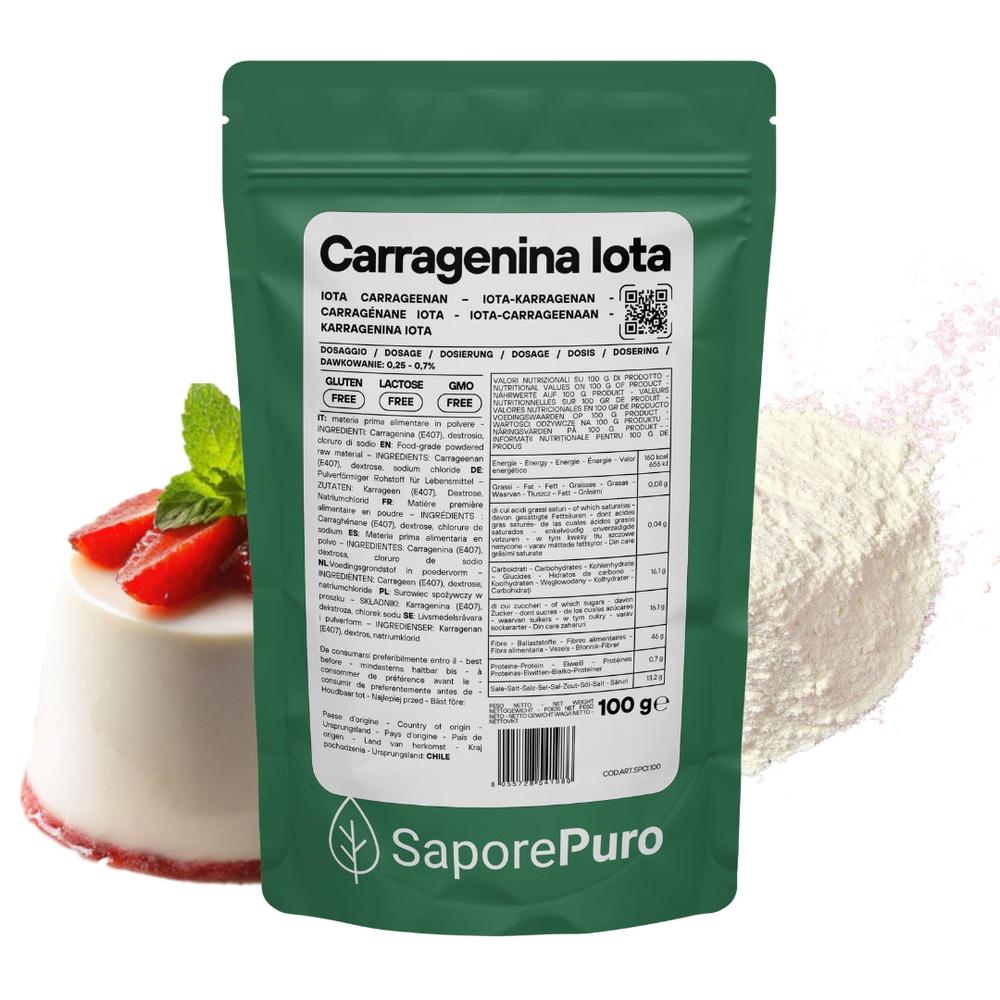 Carragenina Iota E407, gelificante elastico in emulsione, confezione di SaporePuro, visibile in questa immagine.