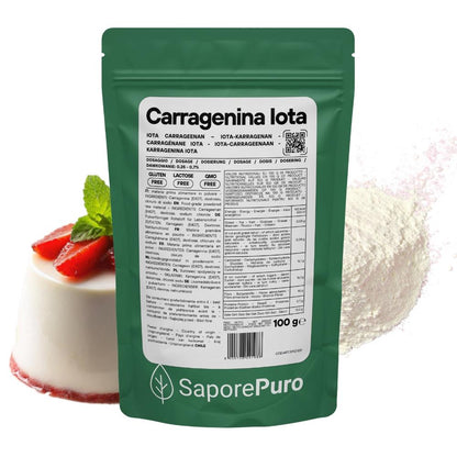 Carragenina Iota E407, gelificante elastico in emulsione, confezione di SaporePuro, visibile in questa immagine.
