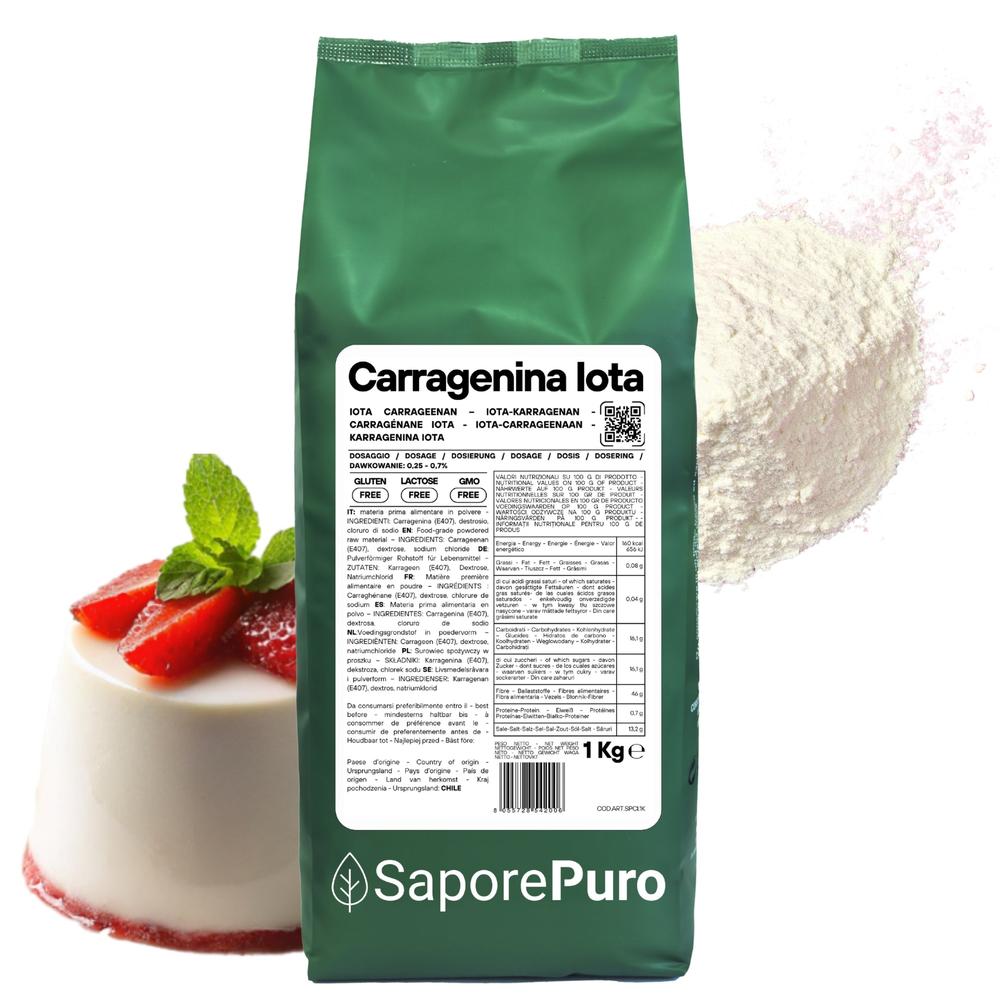 Carragenina Iota E407, gelificante elastico in emulsione, confezione SaporePuro, visibile in questa immagine.
