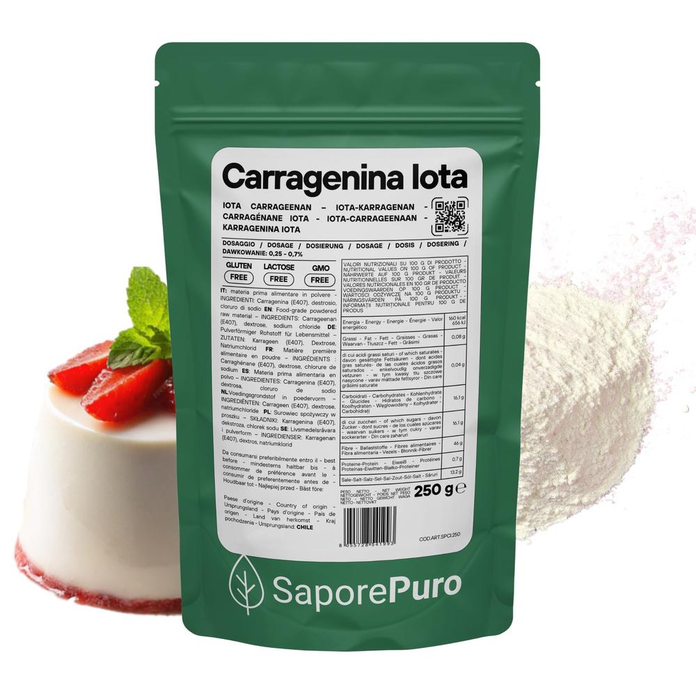 Carragenina Iota E407, gelificante elastico in emulsione, confezione da 250g, prodotto alimentare di SaporePuro