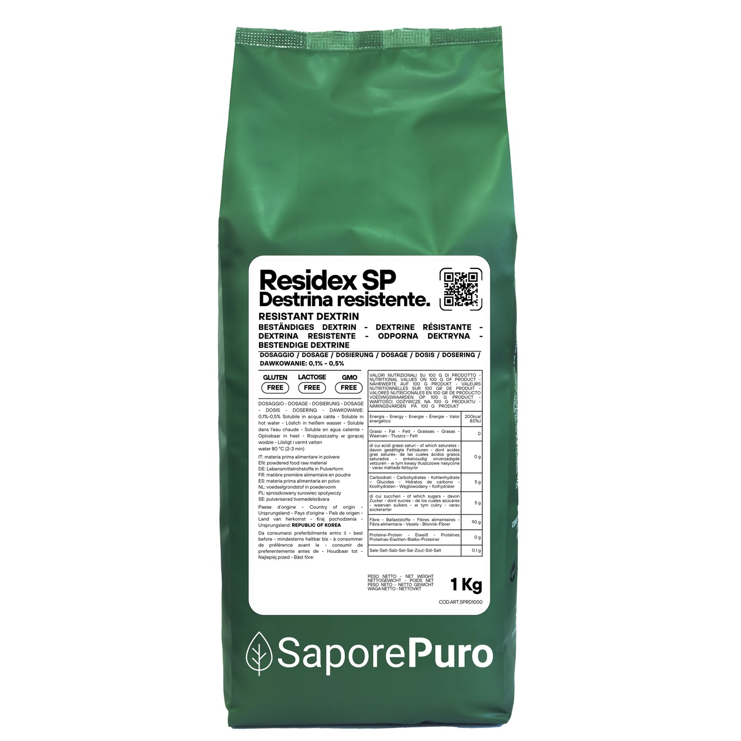 Amido resistente ResiDex SP di SaporePuro, confezione da 1000 g di destrina resistente da mais, visibile in primo piano.