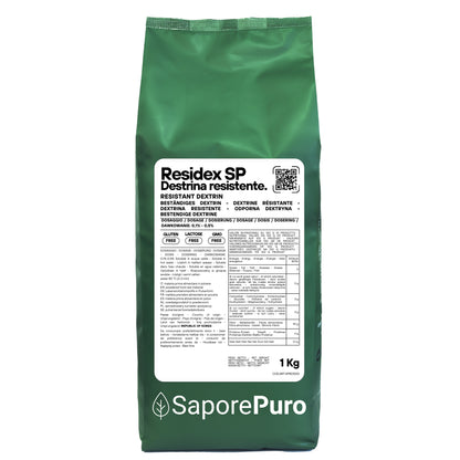 Amido resistente ResiDex SP di SaporePuro, confezione da 1000 g di destrina resistente da mais, visibile in primo piano.