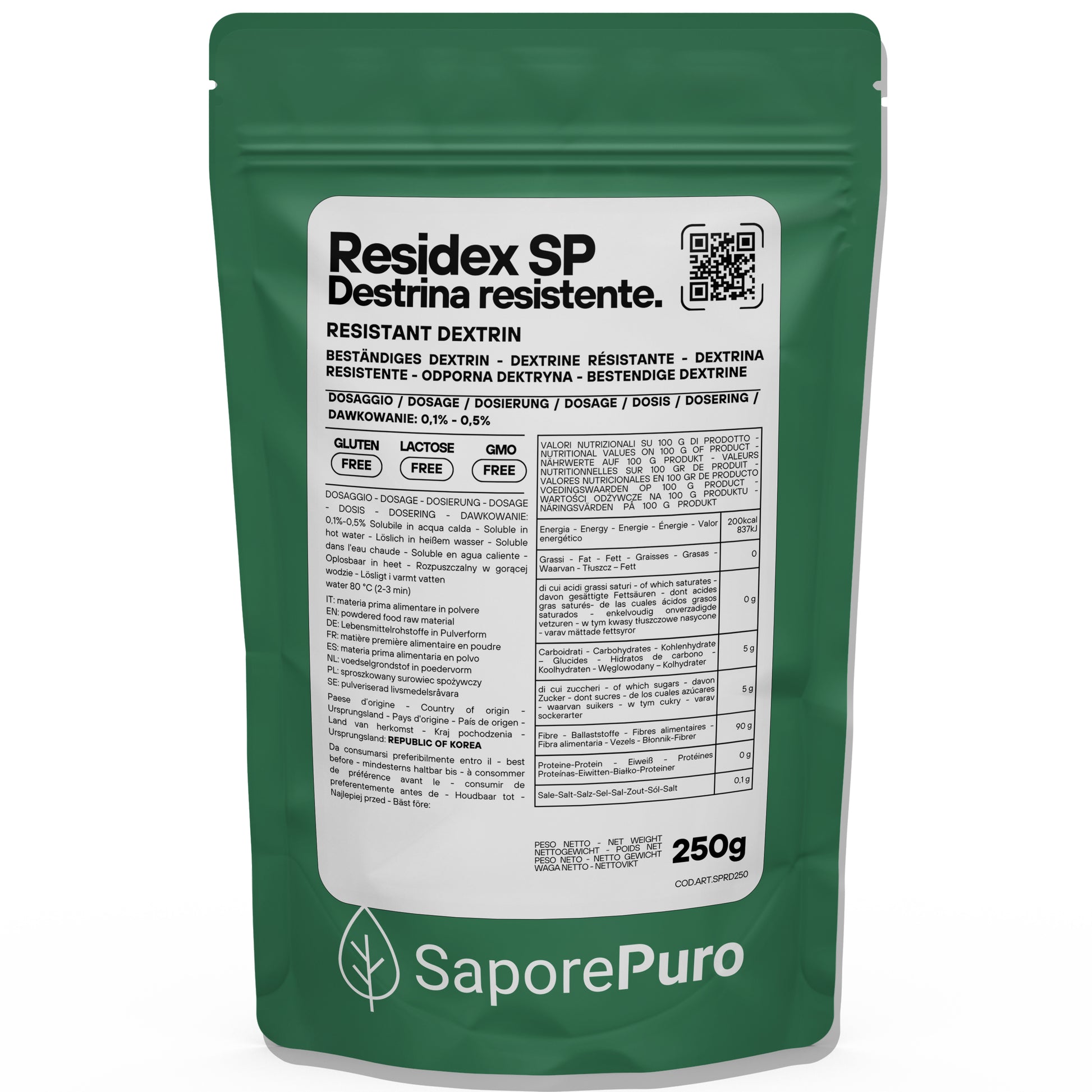 Amido resistente ResiDex SP di SaporePuro, confezione da 250g, mostra il sacchetto di Destrina Resistente da Mais.