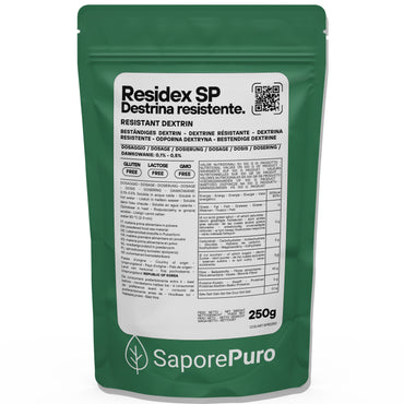 Amido resistente ResiDex SP di SaporePuro, confezione da 250g, mostra il sacchetto di Destrina Resistente da Mais.