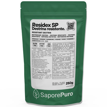 Amido resistente ResiDex SP di SaporePuro, confezione da 250g, mostra il sacchetto di Destrina Resistente da Mais.