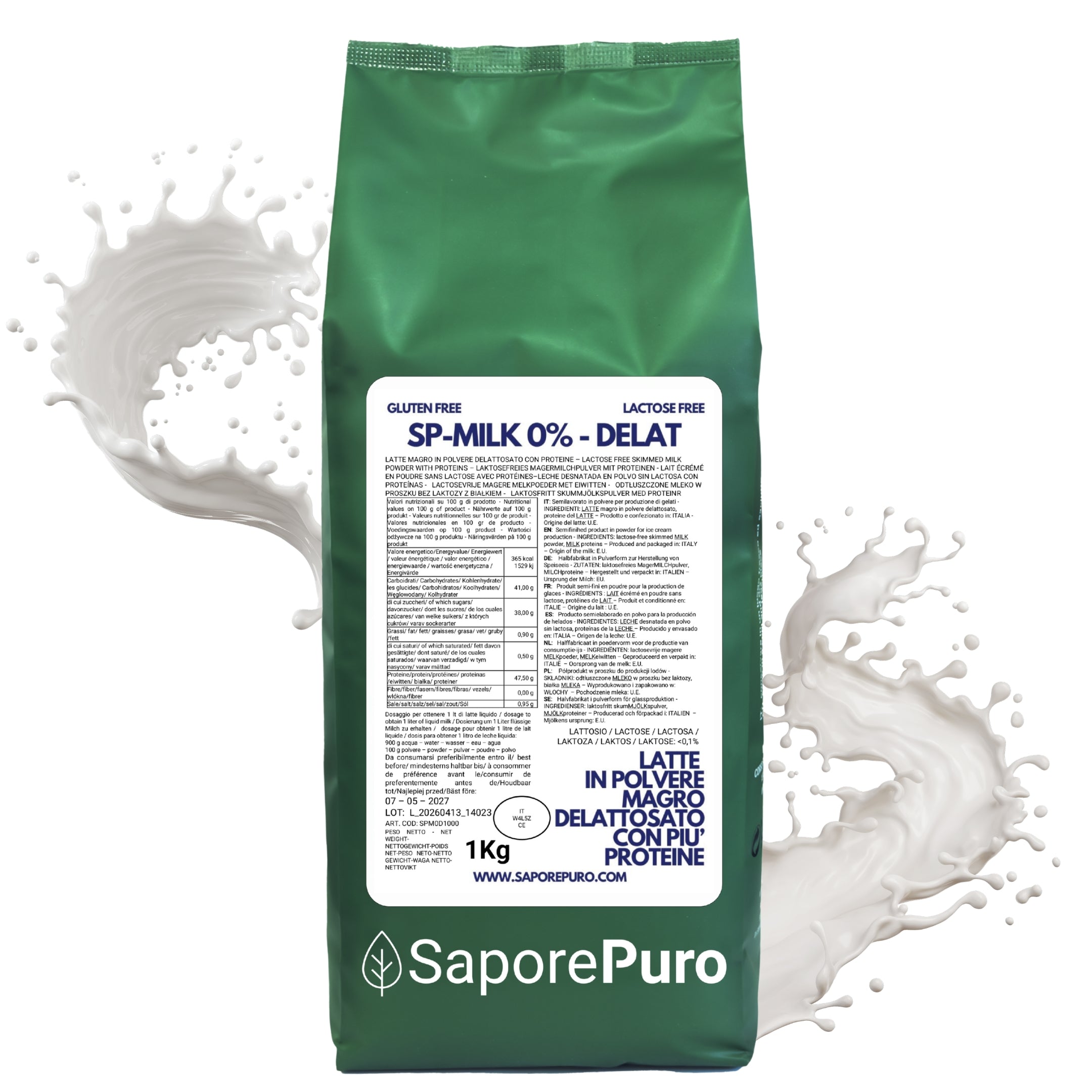 Latte magro in polvere delattosato con proteine, sostituto del latte per gelati, marchio SaporePuro, immagine del prodotto in confezione