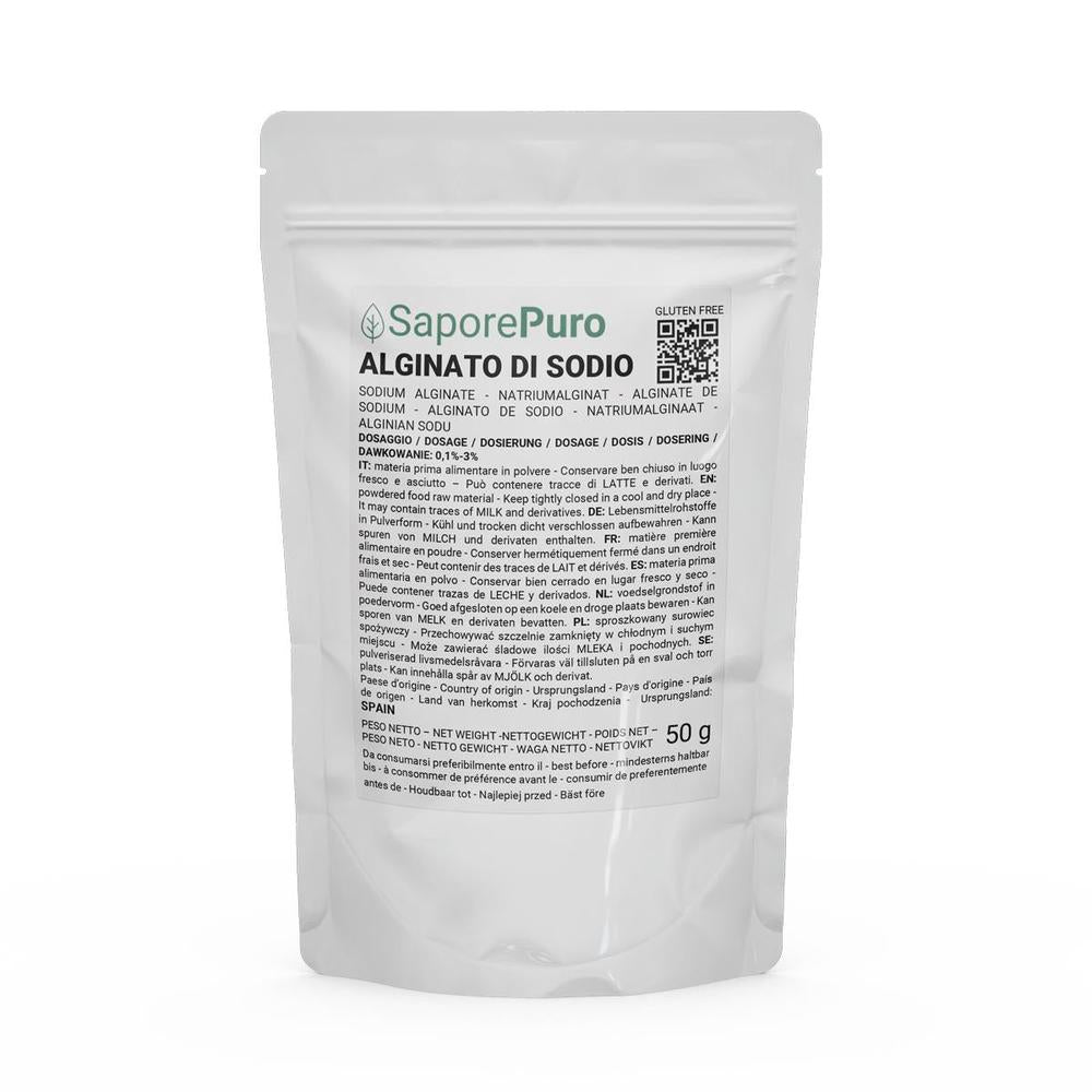 Kit di sferificazione molecolare SaporePuro con 50g di alginato di sodio, visibile in confezione frontale.