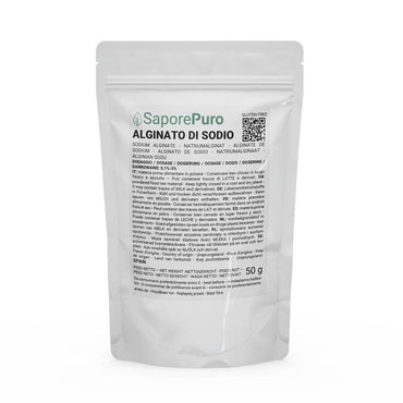 Kit di sferificazione molecolare SaporePuro con 50g di alginato di sodio, mostra il pacchetto frontale del prodotto.