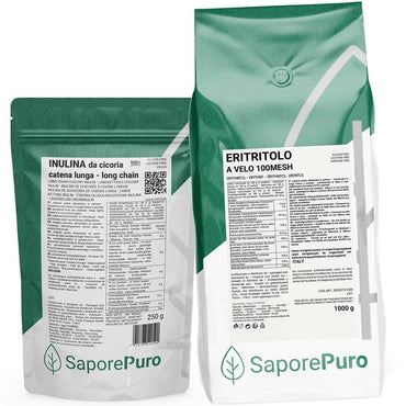 Kit di Eritritolo a Velo e Inulina a Catena Lunga di SaporePuro, confezione con polvere bianca e estratti naturali.