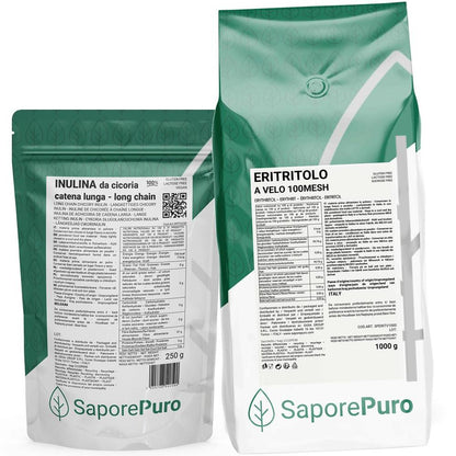 Kit di Eritritolo a Velo e Inulina a Catena Lunga di SaporePuro, confezione con polvere bianca e estratti naturali.