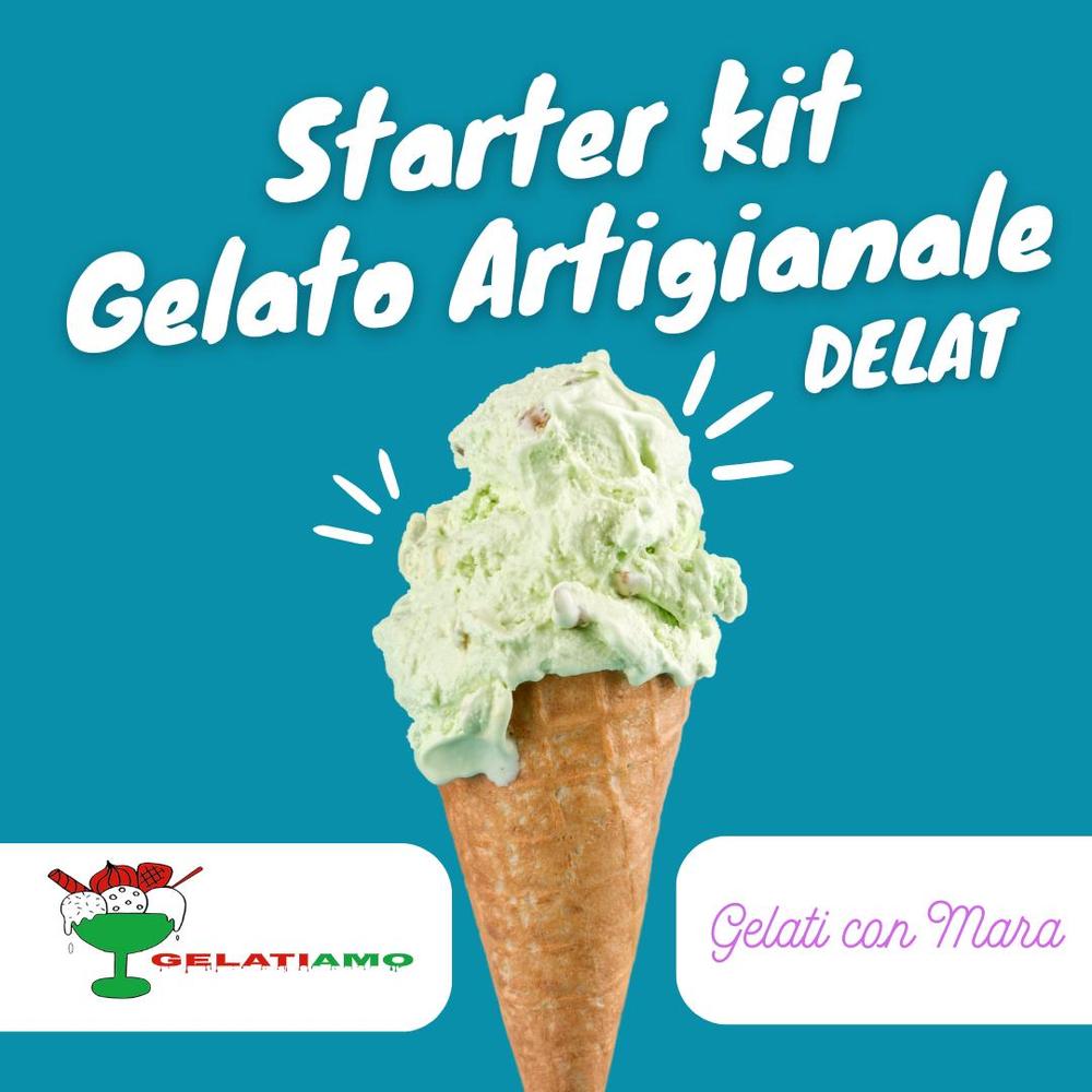 Kit di preparato per gelato SaporePuro con Gelatiamo e Mara, mostra ciotola e ingredienti per gelato fatto in casa