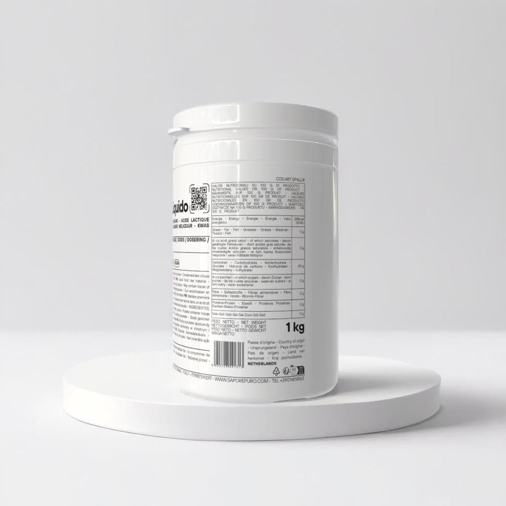 Liquid lactic acid food additive by SaporePuro, shown in a clear container with a white label on a neutral background.