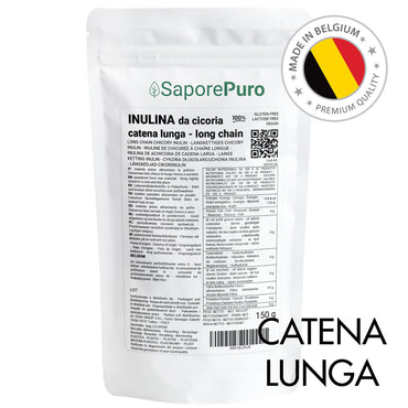 Sacchetto di inulina a catena lunga in polvere pura da 150g di SaporePuro, origine Europa, per integratori alimentari naturali.