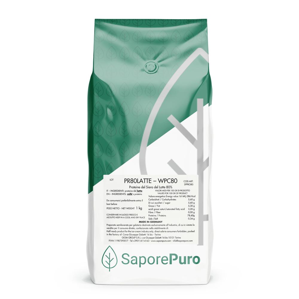 Whey protein isolate WPC80 by SaporePuro in 8kg bulk package, ideal for cooking and baking ingredients.