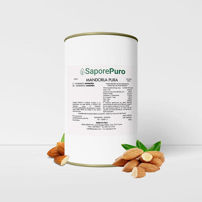 Pasta Mandorla Pura 100% di SaporePuro, confezione da 1Kg, mostra le mandorle finemente tritate e la pasta integrale.