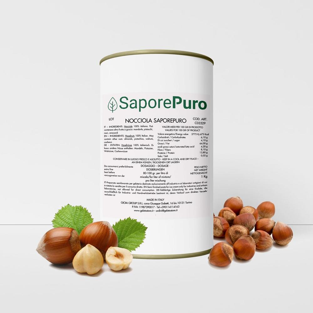 Pasta Nocciola Italiana SaporePuro da 1kg con tostatura media scura, visibile in immagine.